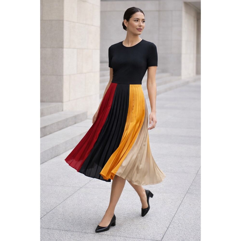 Karl Lagerfeld Paris Colorblock Pleated Midi Dress Black Size 0 Office Siren